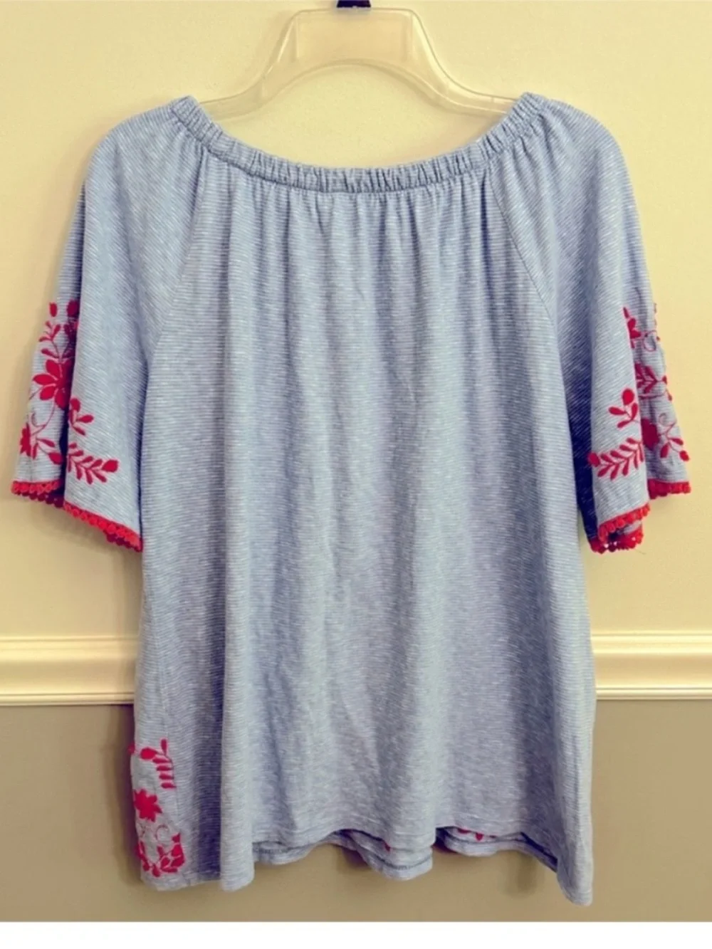 Talbots Light Blue White Striped Blouse with Coral Floral Embroidery Size Large - Picture 3 of 9